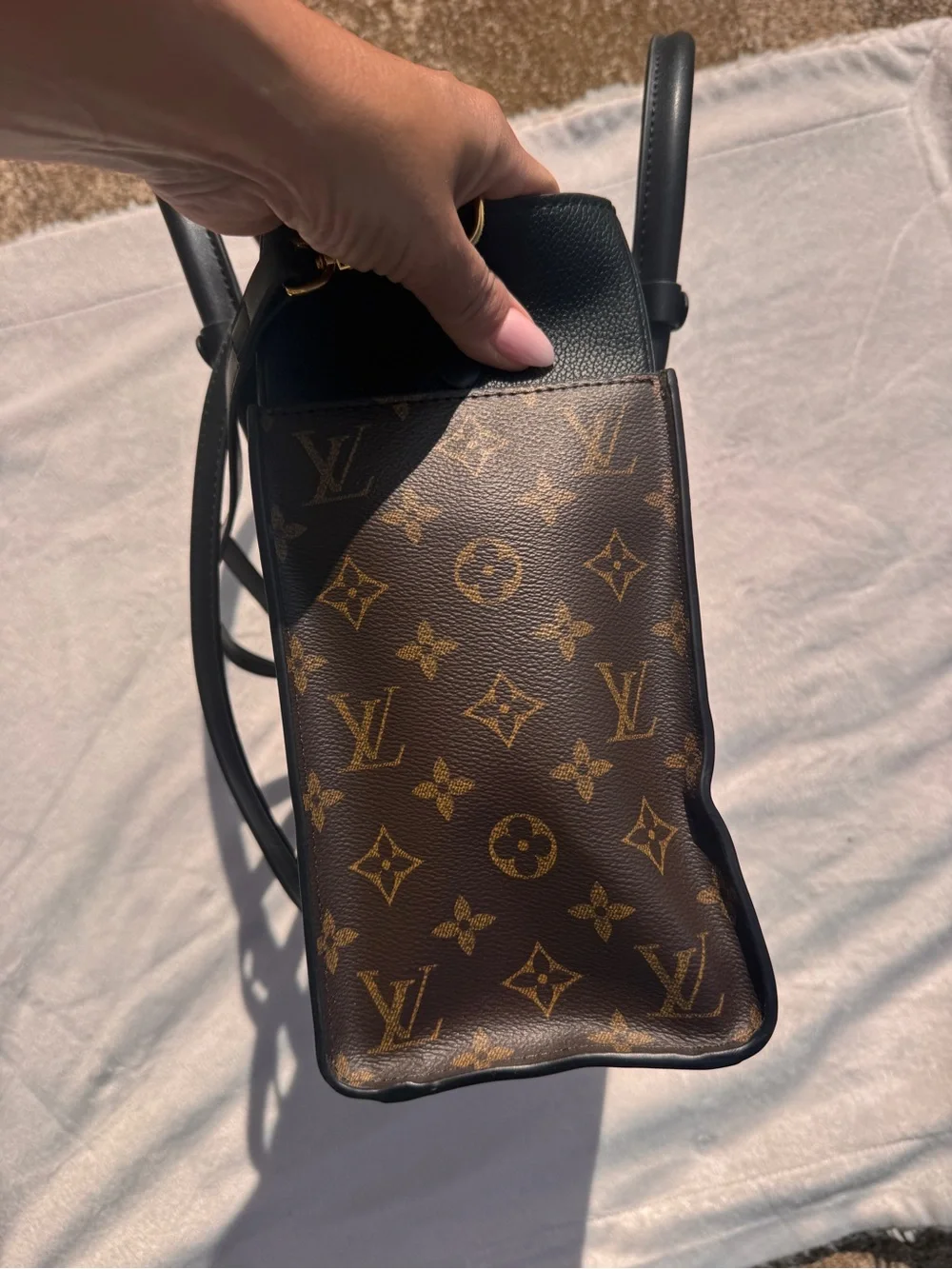 Louis Vuitton Black Leather Satchel with Monogram Side Panels and Gold Hardware